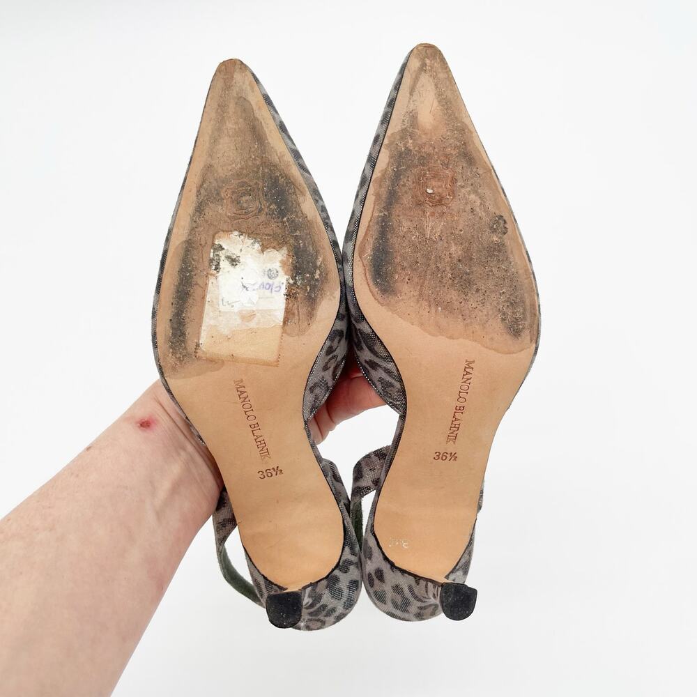 Manolo Blahnik Vintage Carolyne Silver Leopard Crystal Slingback Heels IT 36.5 - Picture 11 of 12